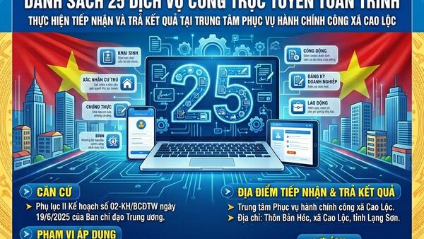 Thông báo triển khai 25 Dịch vụ công trực tuyến toàn trình tại xã Cao Lộc
